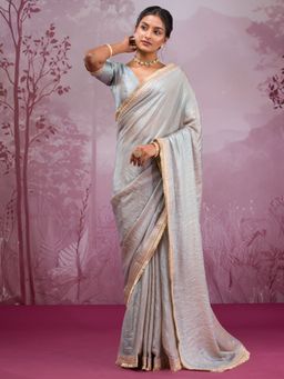 Koskii - Blue Thread Work Tissue Saree with Unstitched Blouse
