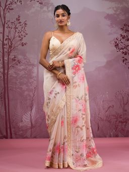 Koskii - Beige Printed Georgette Saree with Unstitched Blouse