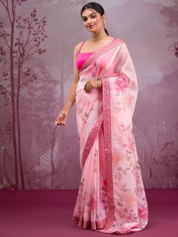 Koskii - Pink Printed Georgette Saree with Unstitched Blouse