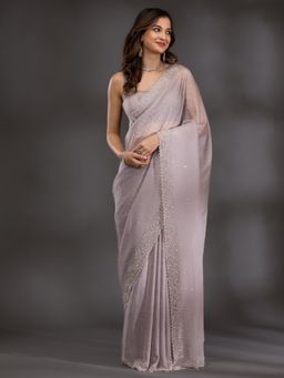Koskii - Grey Silver Stonework Tissue Saree with Unstitched Blouse