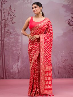 Koskii - Women Zariwork (Gold) Silk Saree With Unstitched Blouse