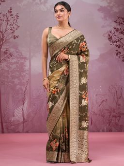 Koskii - Women Zariwork (Gold) Silk Saree With Unstitched Blouse