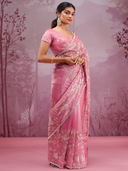 Koskii - Women Zariwork (Gold) Tissue Saree With Unstitched Blouse