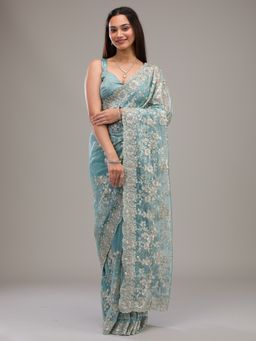 Koskii - Turquoise Blue Zari Work Tissue Saree with Unstitched Blouse