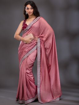 Koskii - Pink Thread Work Raw Silk Saree with Unstitched Blouse
