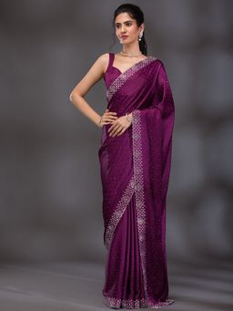 Koskii - Wine Swarovski Satin Saree with Unstitched Blouse