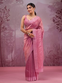 Koskii - Onion Pink Swarovski Tissue Saree with Unstitched Blouse