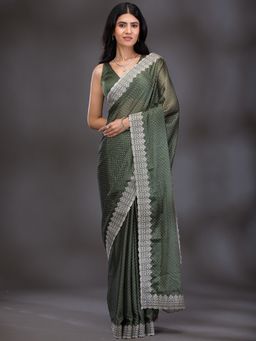 Koskii - Mehendi Zari Work Satin Saree with Unstitched Blouse