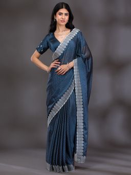 Koskii - Peacock Blue Zari Work Satin Saree with Unstitched Blouse