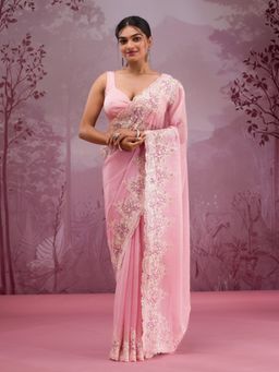 Koskii - Baby Pink Thread Work Georgette Saree with Unstitched Blouse