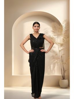 Stylum - Women's Black Sequinned and Belted Ready To Wear Lycra Saree with Stitched Blouse