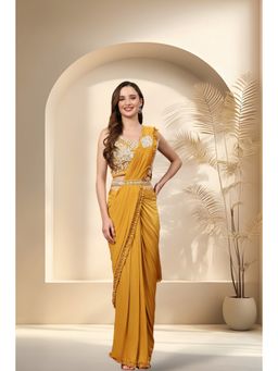 Stylum - Women's Mustard Sequined & Ruffled Ready To Wear Saree & Belt with Stitched Blouse