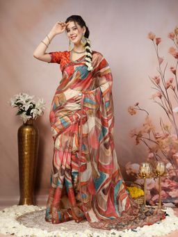 Stylum - Women's Multi Foil Printed Cotton Blend Saree with Unstitched Blouse