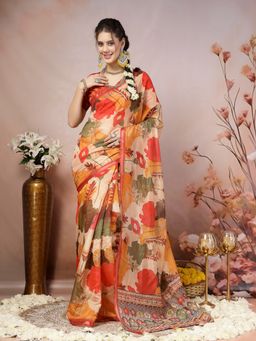 Stylum - Women's Orange Floral Foil Printed Cotton Blend Saree with Unstitched Blouse