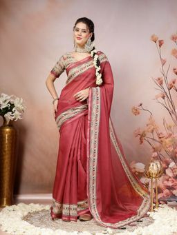 Stylum - Women's Pink Rajasthani Figure Foil Printed Cotton Blend Saree with Unstitched Blouse