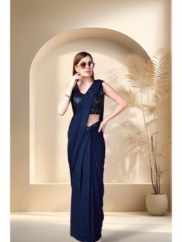 Stylum - Women's Navy Party Wear Sequin and Patch Boota Ready To Wear Saree with Stitched Blouse