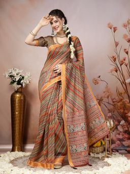 Stylum - Women's Olive Leheriya Zari Cotton Blend Saree with Unstitched Blouse