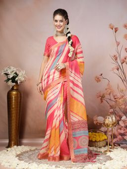 Stylum - Women's Pink Leheriya Bandhej Zari Cotton Blend Saree with Unstitched Blouse