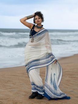 Suta - Blue Cotton Lace Border Saree Without Blouse