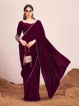 Tikhi Imli - Wine Colored Velvet Half and Half Saree with Unstitched Blouse