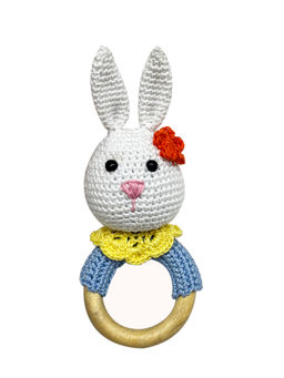 NEW COMERS - Hand Crochet Rattle Toy with Wooden Ring Music Shaker for Hand Grips-White