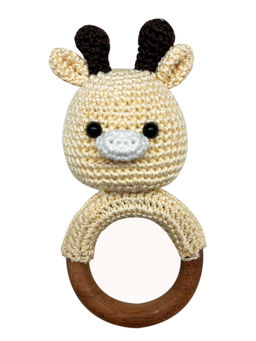 NEW COMERS - Hand Crochet Rattle Toy with Wooden Ring Music Shaker for Hand Grips-Cream