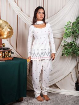 NISHORAMA - Women White Geometric Woven Kurti with Salwar and Dupatta