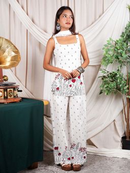 NISHORAMA - Women White Floral Block Printed Kurti with Palazzo and Dupatta