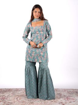 NISHORAMA - Women Blue Floral Printed Kurti with Sharara and Dupatta