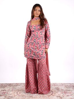 NISHORAMA - Women Pink Floral Printed Kurti with Sharara and Dupatta