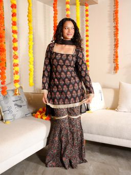 NISHORAMA - Women Black Floral Lace Work Kurti with Sharara and Dupatta