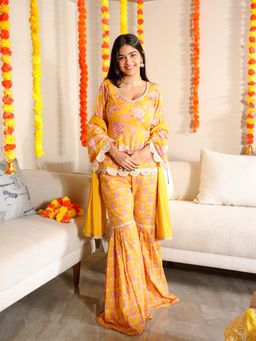 NISHORAMA - Women Yellow Floral Lace Work Kurti with Sharara and Dupatta