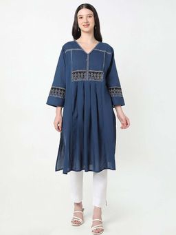 R&B - Women Navy Blue Embroidered Kurta