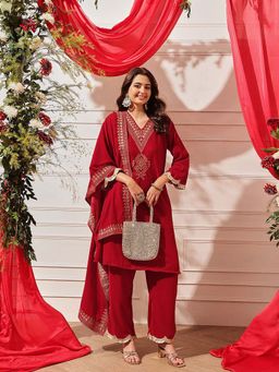 INDO STREET - Women Red Embroidered Zari Kurta with Pant and Dupatta
