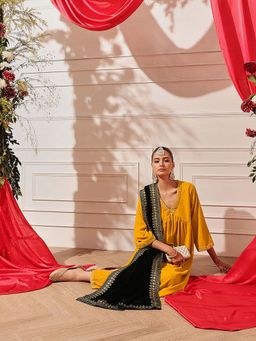 INDO STREET - Women Mustard Solid Embroidered Kurti with Palazzo and Dupatta