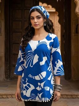 Dora Dori - Women Blue Printed Lace Work Kurti