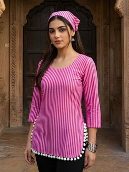 Dora Dori - Women Pink Stripes Lace Work Kurti