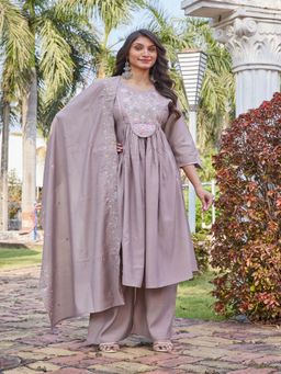 PMD FASHION - Female Grey Floral Embroidered Kurta with Palazzo and Dupatta
