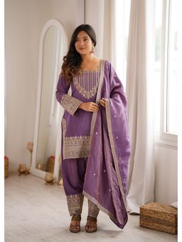 SAJAVAT ETHENIC WEAR - Women Lavender Embroidered Kurta with Salwar and Dupatta