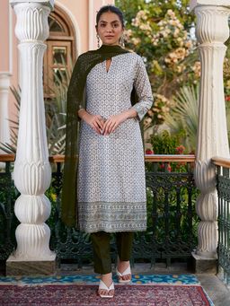 Women Plus - Women Off White Floral Sequined Work Kurta with Pant and Dupatta