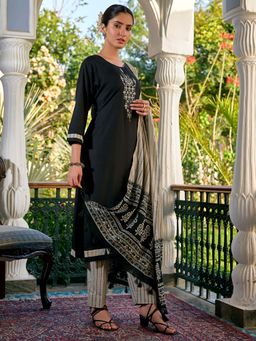 Women Plus - Women Black Embroidered Printed Kurta with Pant and Dupatta
