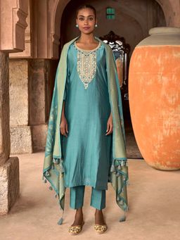 Women Plus - Women Teal Embroidered Sequined Work Kurta with Pant and Dupatta