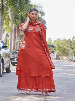 PMD FASHION - Female Rust Embroidered Sequined Work Kurta with Palazzo and Dupatta