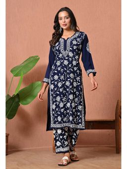 SYRISH - Women Navy Blue Embroidered Chikankari Kurta with Pant