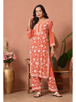 SYRISH - Women Peach Embroidered Chikankari Kurta with Pant
