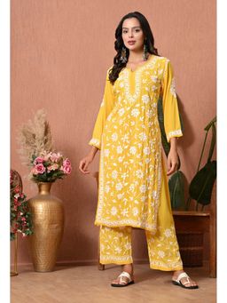 SYRISH - Women Yellow Embroidered Chikankari Kurta with Pant