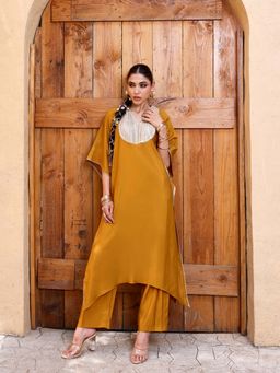 Qissa - Women Mustard Embroidered Lace Work Kaftan with Pant