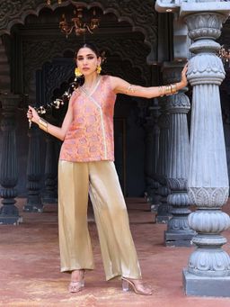Qissa - Women Peach Woven Lace Work Top with Palazzo