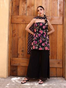 Qissa - Women Black Floral Printed Top with Palazzo and Dupatta