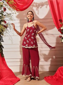 INDO STREET - Women Red Embroidered Sequined Work Kurti with Palazzo and Dupatta